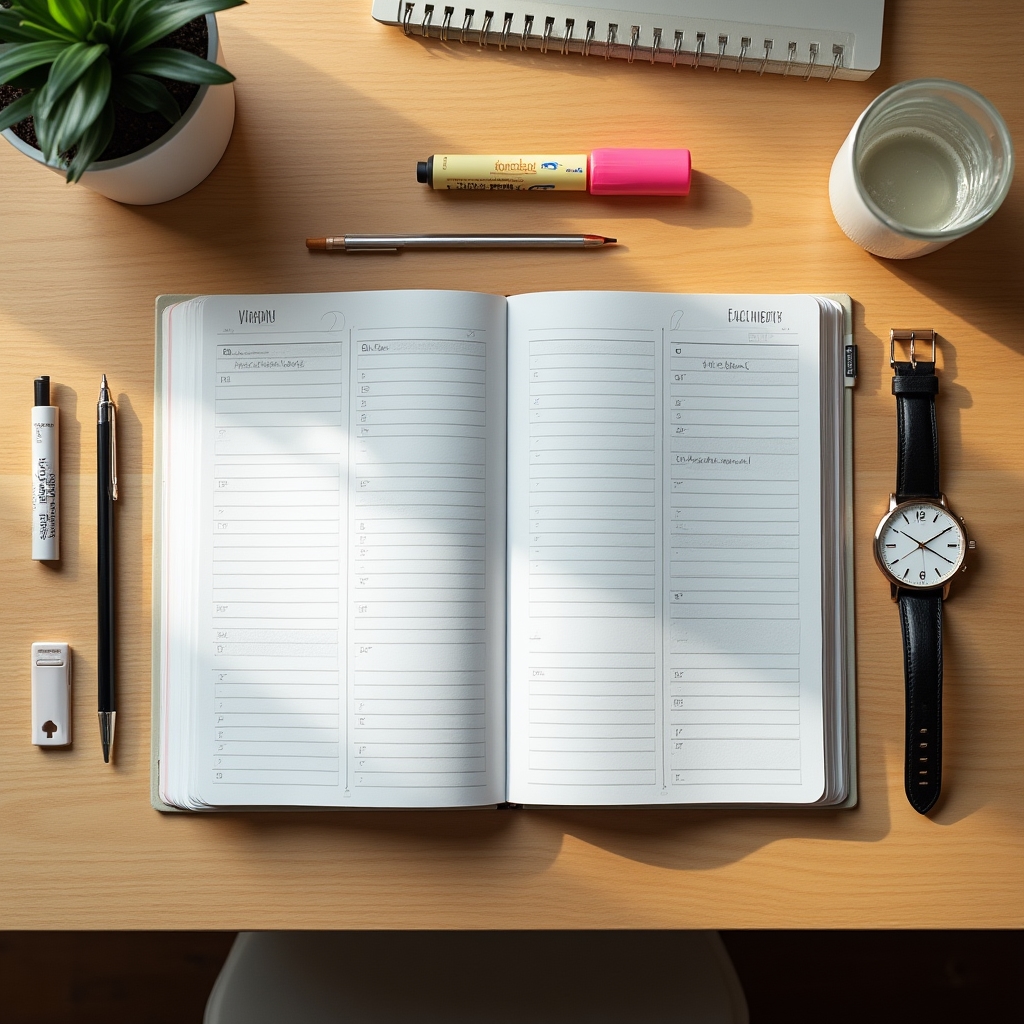 Planificación semanal sobre escritorio ordenado con cuaderno y calendario